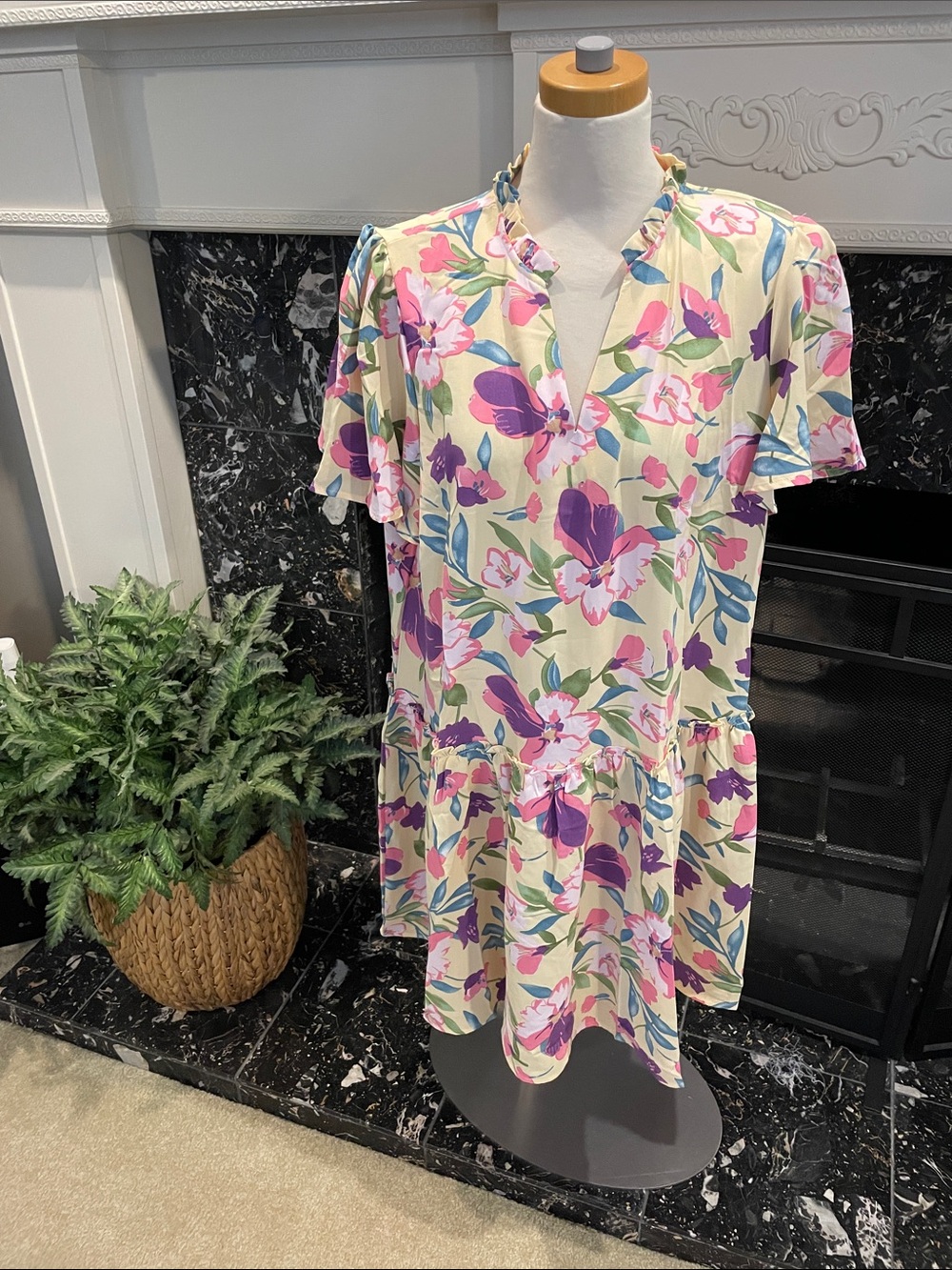 Floral Flutter Sleeve Tiered Dress — Cream with Pink & Purple Blossoms
